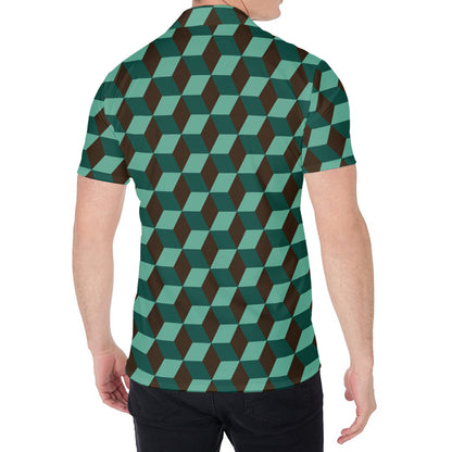 Dark Green Geometric Cube Pattern Print Men's Shirt