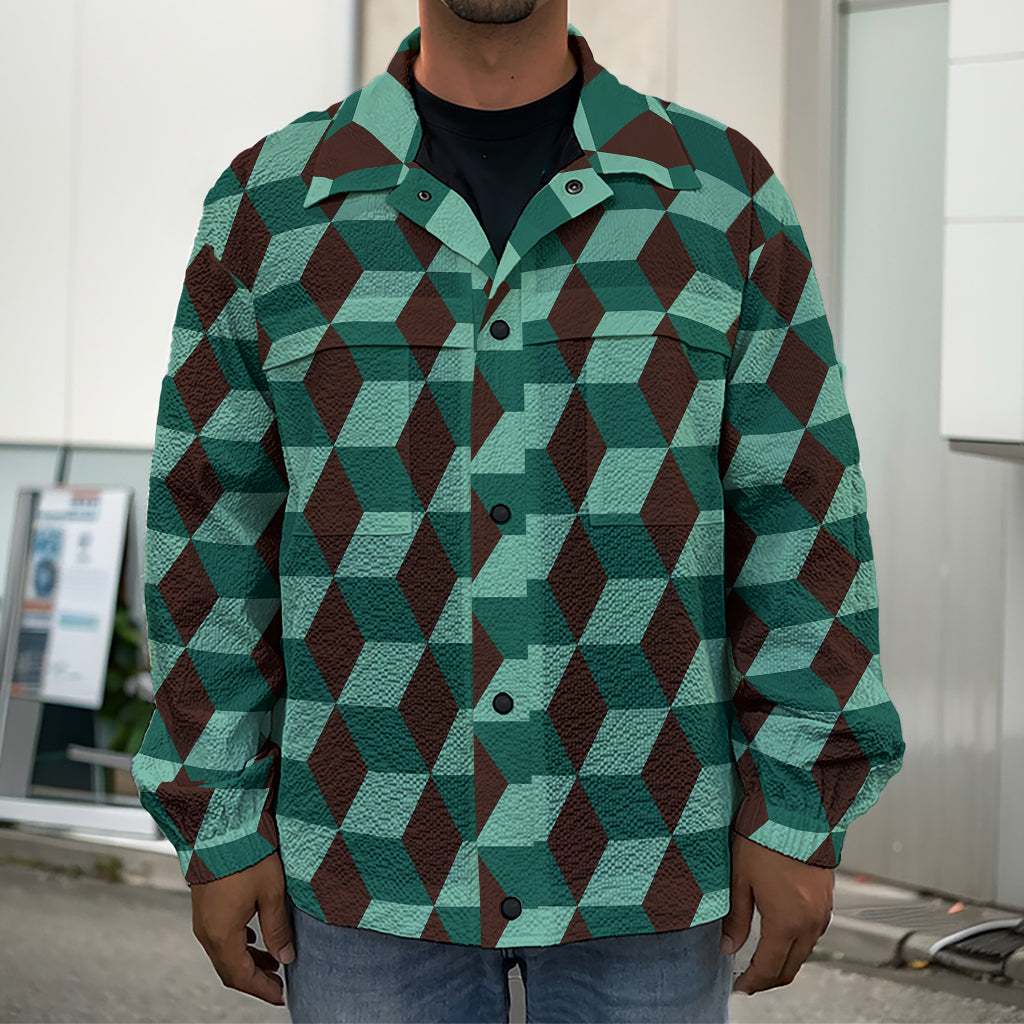 Dark Green Geometric Cube Pattern Print Men's Shirt Jacket