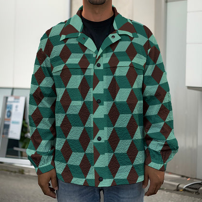 Dark Green Geometric Cube Pattern Print Men's Shirt Jacket