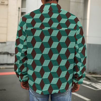 Dark Green Geometric Cube Pattern Print Men's Shirt Jacket