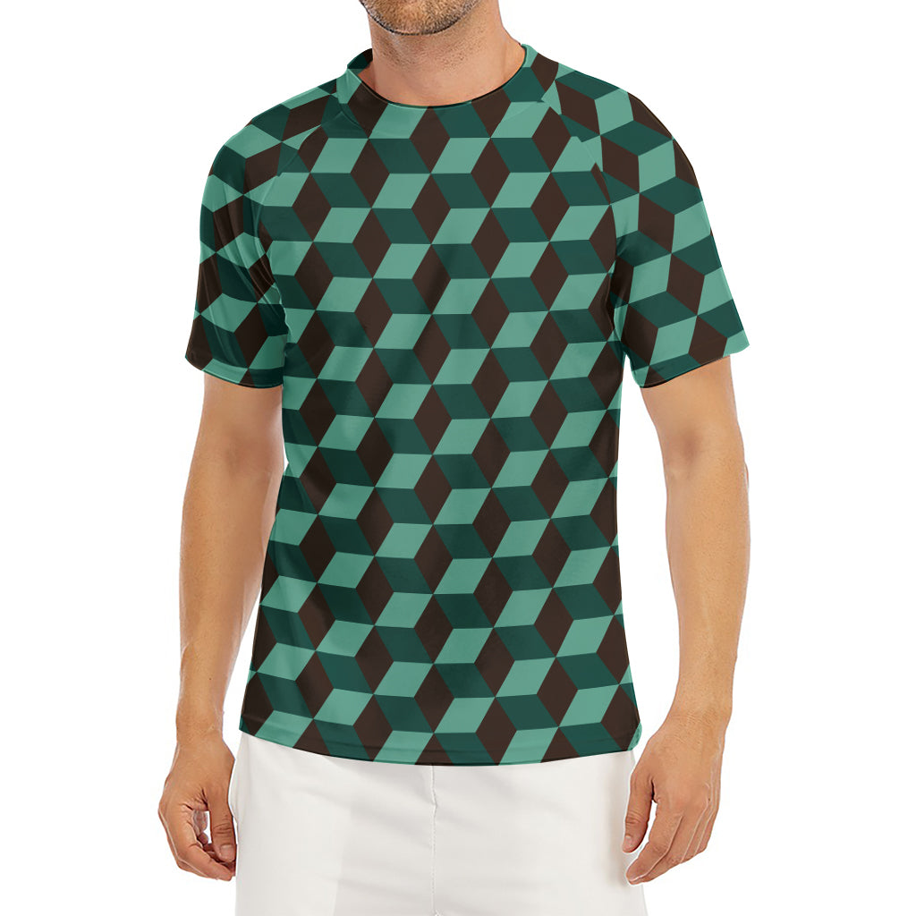 Dark Green Geometric Cube Pattern Print Men's Short Sleeve Rash Guard