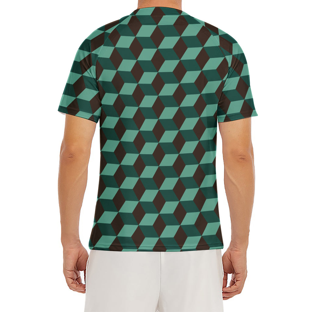 Dark Green Geometric Cube Pattern Print Men's Short Sleeve Rash Guard