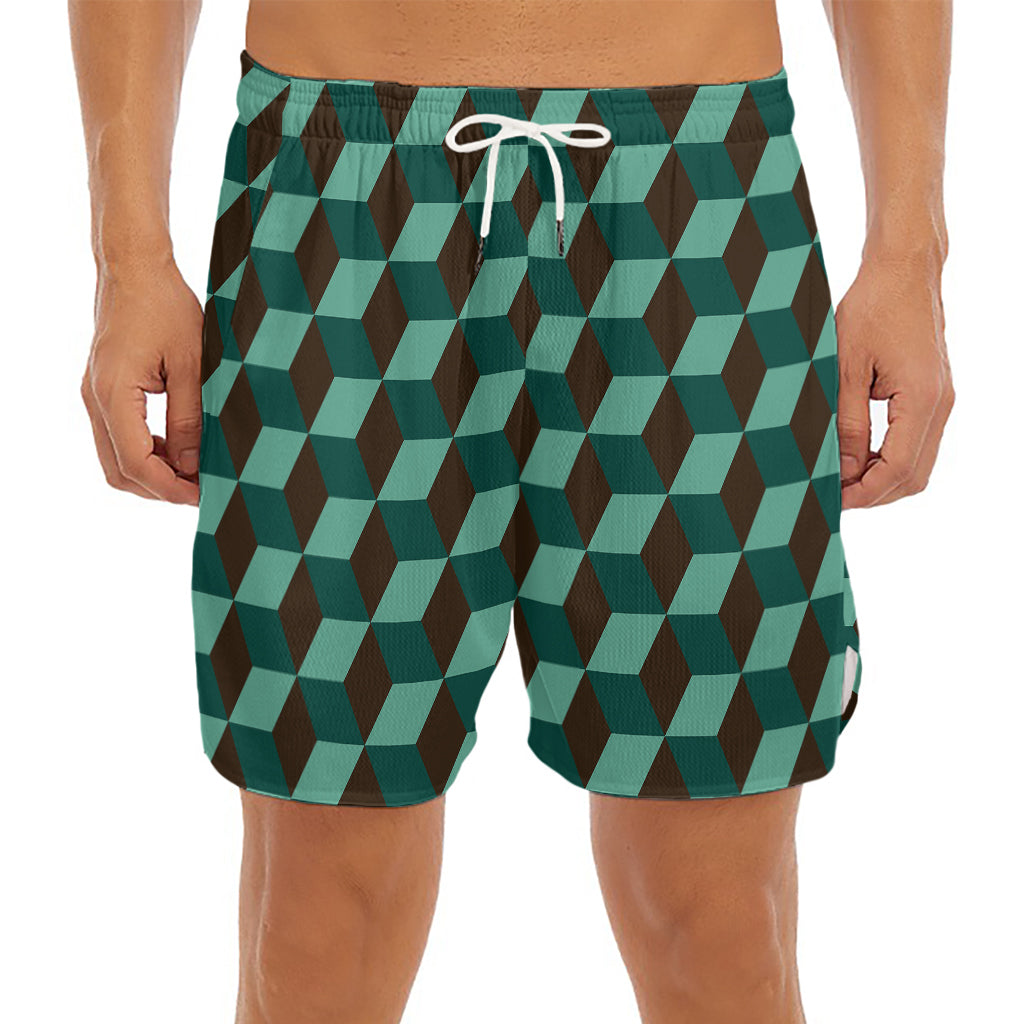 Dark Green Geometric Cube Pattern Print Men's Split Running Shorts