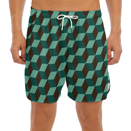 Dark Green Geometric Cube Pattern Print Men's Split Running Shorts