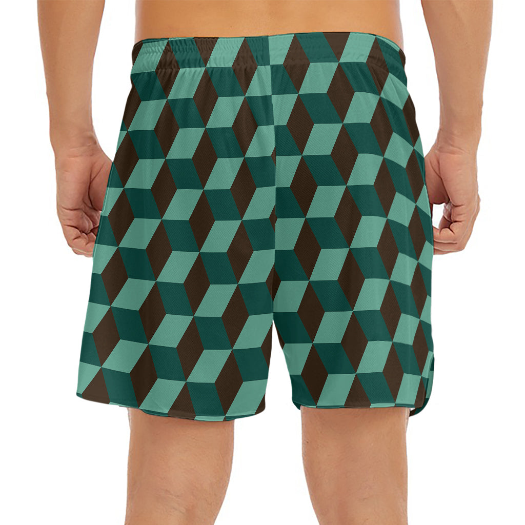 Dark Green Geometric Cube Pattern Print Men's Split Running Shorts