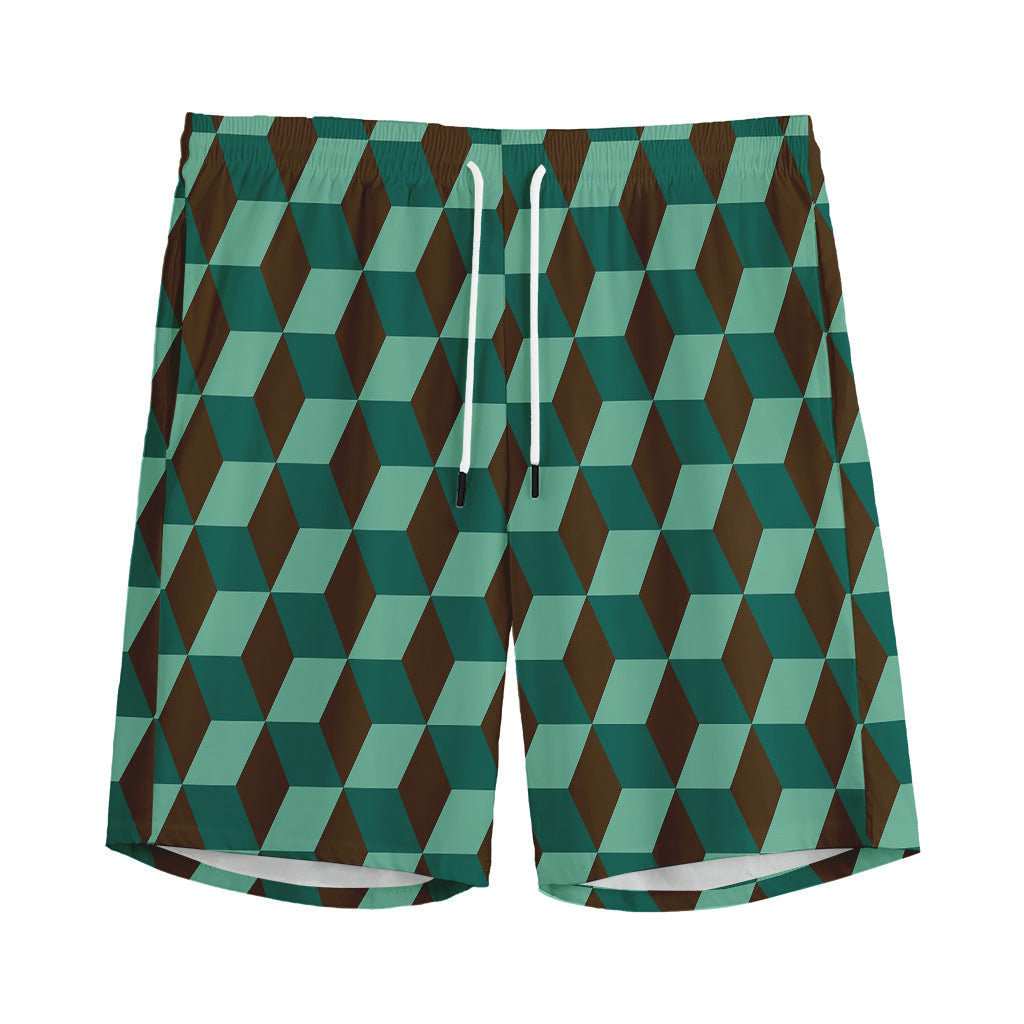 Dark Green Geometric Cube Pattern Print Men's Sports Shorts