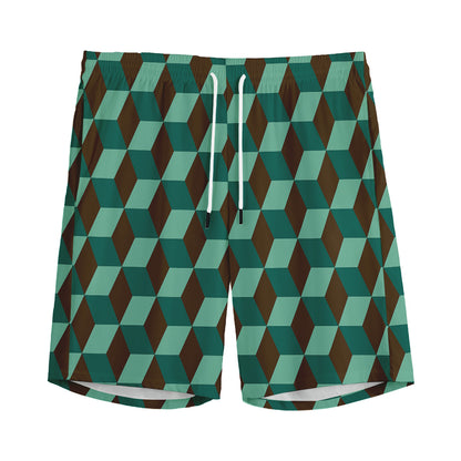 Dark Green Geometric Cube Pattern Print Men's Sports Shorts