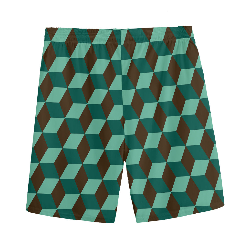 Dark Green Geometric Cube Pattern Print Men's Sports Shorts