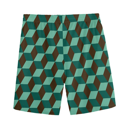 Dark Green Geometric Cube Pattern Print Men's Sports Shorts