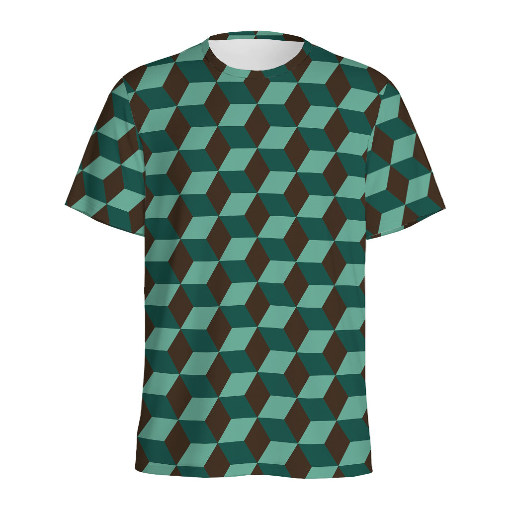 Dark Green Geometric Cube Pattern Print Men's Sports T-Shirt