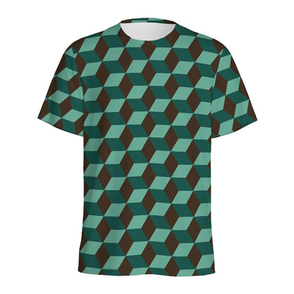 Dark Green Geometric Cube Pattern Print Men's Sports T-Shirt