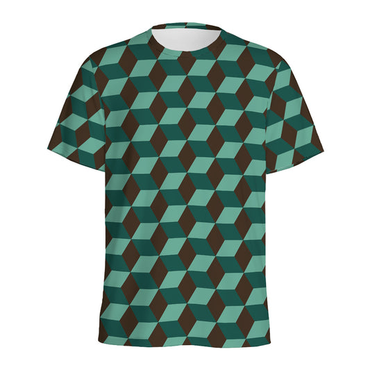 Dark Green Geometric Cube Pattern Print Men's Sports T-Shirt