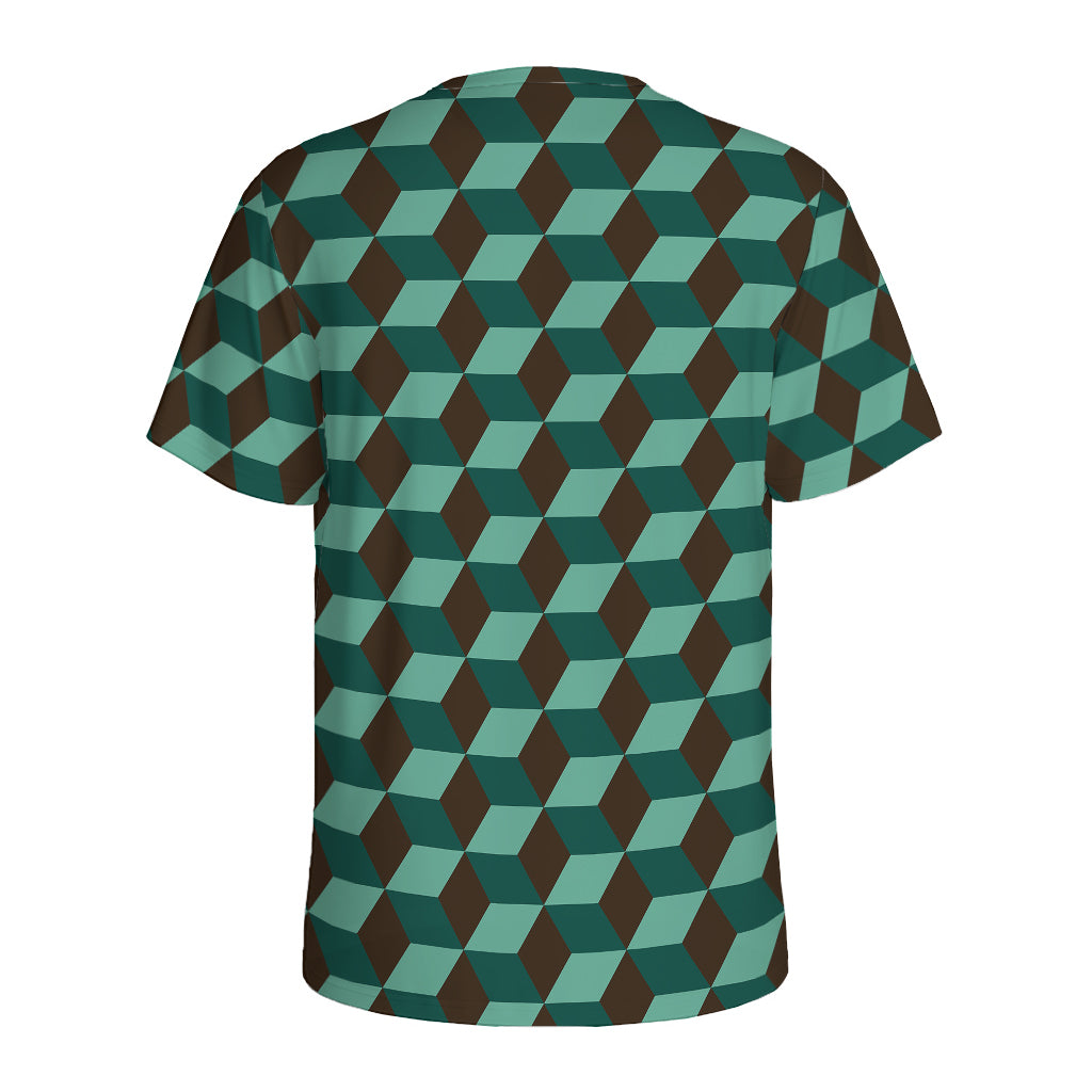Dark Green Geometric Cube Pattern Print Men's Sports T-Shirt