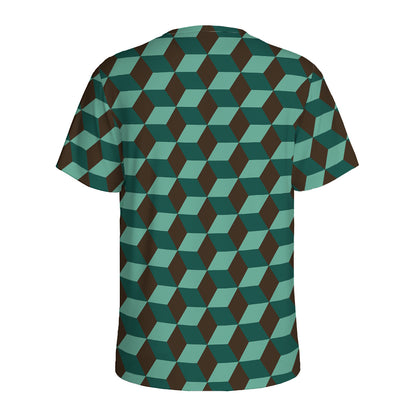 Dark Green Geometric Cube Pattern Print Men's Sports T-Shirt