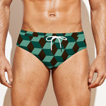 Dark Green Geometric Cube Pattern Print Men's Swim Briefs
