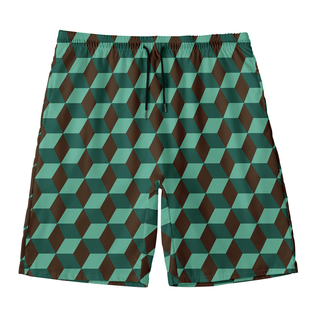 Dark Green Geometric Cube Pattern Print Men's Swim Trunks