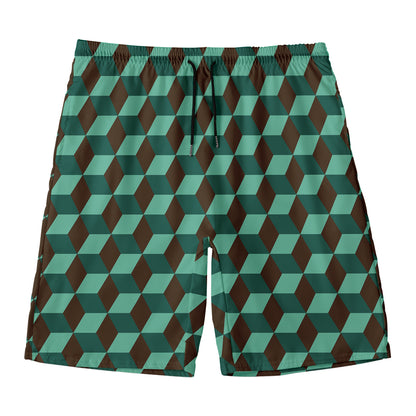 Dark Green Geometric Cube Pattern Print Men's Swim Trunks