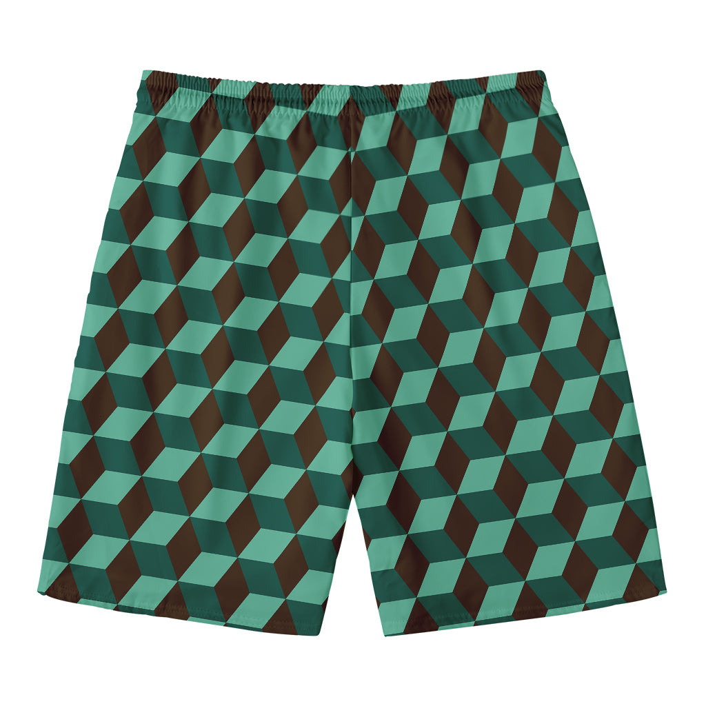 Dark Green Geometric Cube Pattern Print Men's Swim Trunks