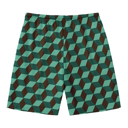 Dark Green Geometric Cube Pattern Print Men's Swim Trunks
