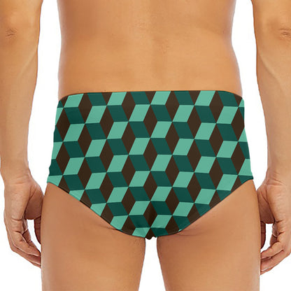 Dark Green Geometric Cube Pattern Print Men's Triangle Swim Briefs