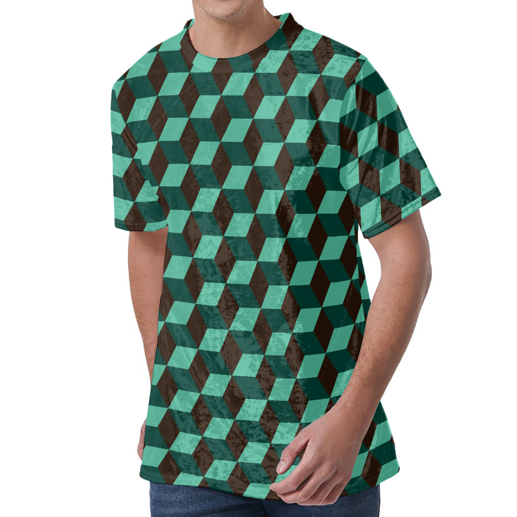 Dark Green Geometric Cube Pattern Print Men's Velvet T-Shirt