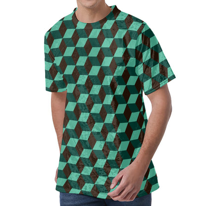 Dark Green Geometric Cube Pattern Print Men's Velvet T-Shirt