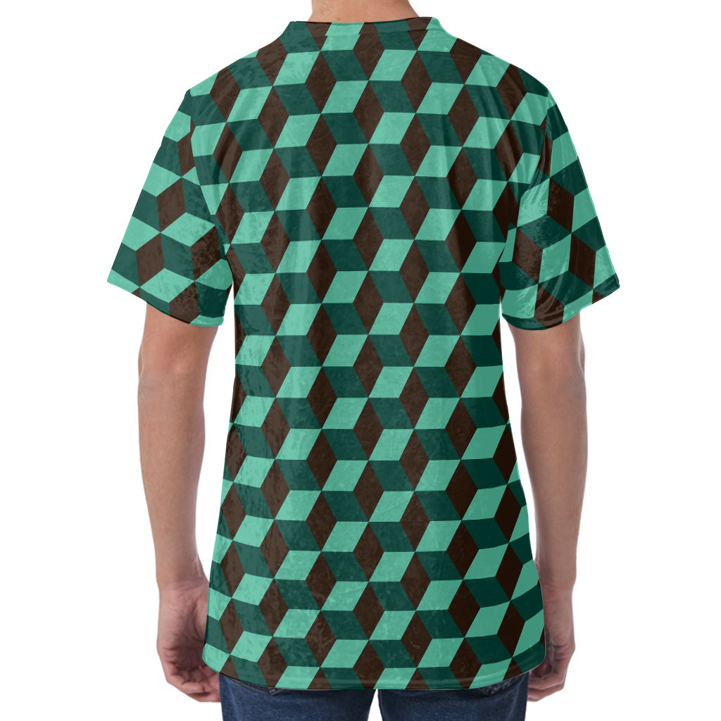 Dark Green Geometric Cube Pattern Print Men's Velvet T-Shirt