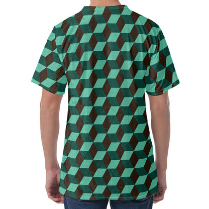 Dark Green Geometric Cube Pattern Print Men's Velvet T-Shirt
