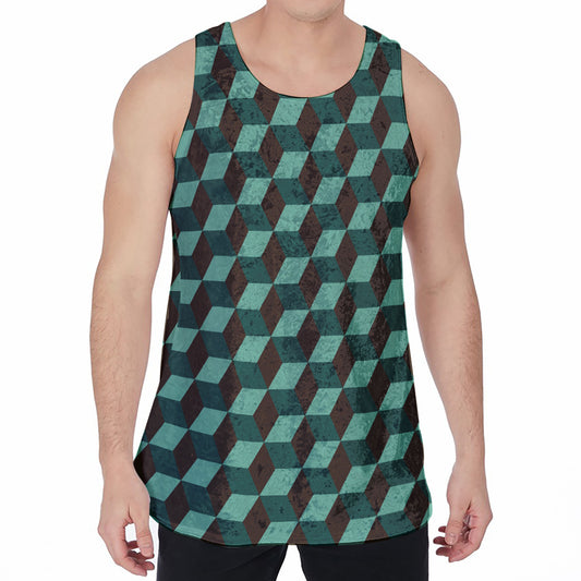 Dark Green Geometric Cube Pattern Print Men's Velvet Tank Top