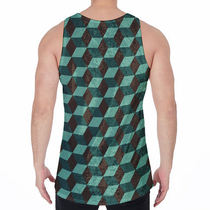 Dark Green Geometric Cube Pattern Print Men's Velvet Tank Top