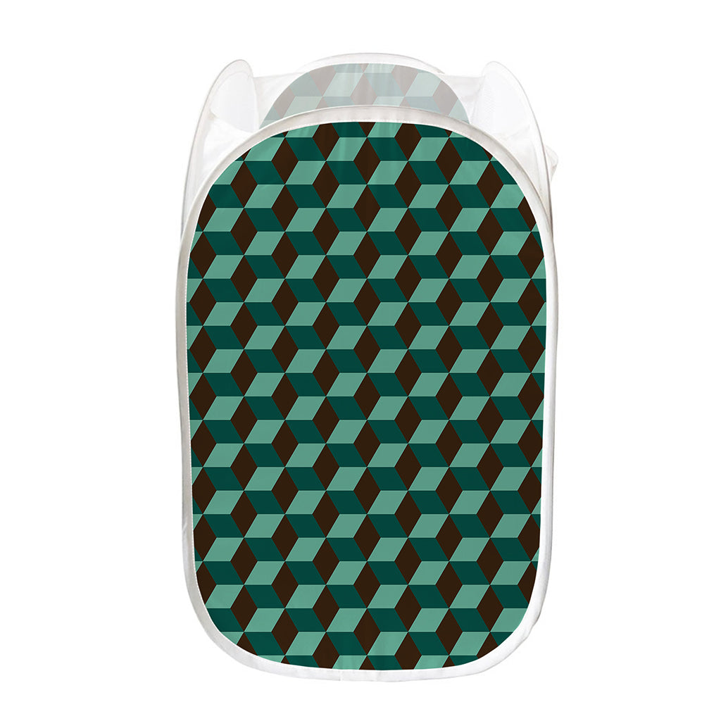 Dark Green Geometric Cube Pattern Print Mesh Laundry Hamper