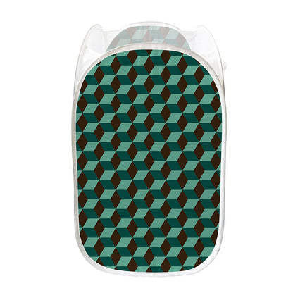 Dark Green Geometric Cube Pattern Print Mesh Laundry Hamper