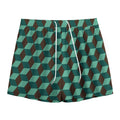 Dark Green Geometric Cube Pattern Print Mesh Shorts