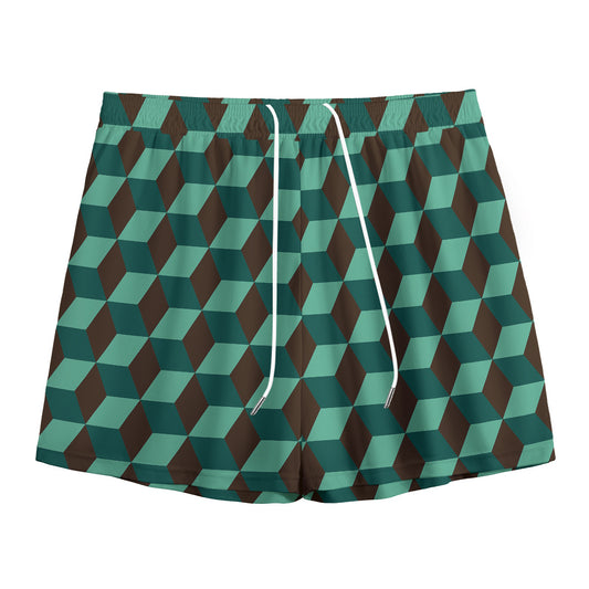 Dark Green Geometric Cube Pattern Print Mesh Shorts