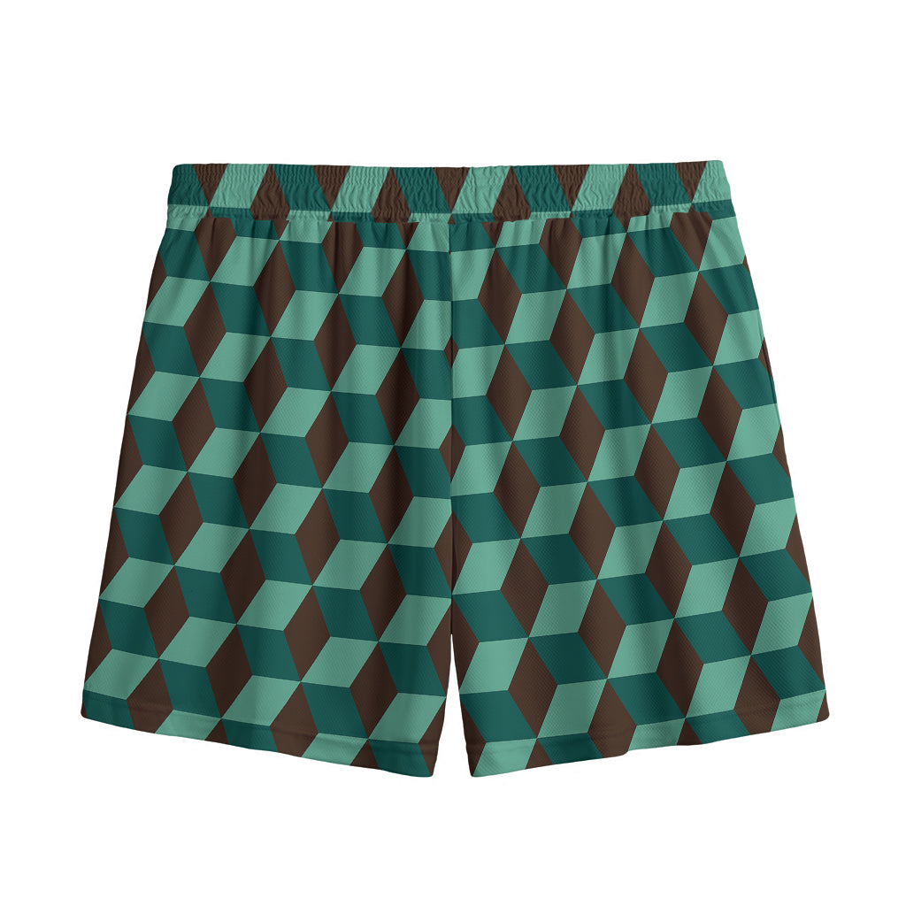 Dark Green Geometric Cube Pattern Print Mesh Shorts