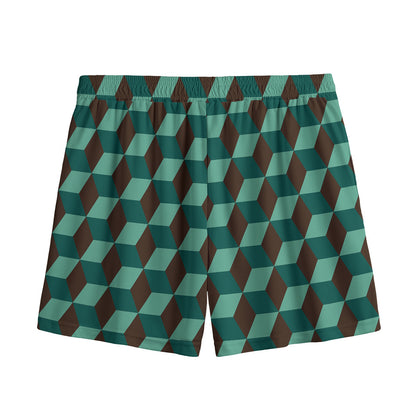 Dark Green Geometric Cube Pattern Print Mesh Shorts