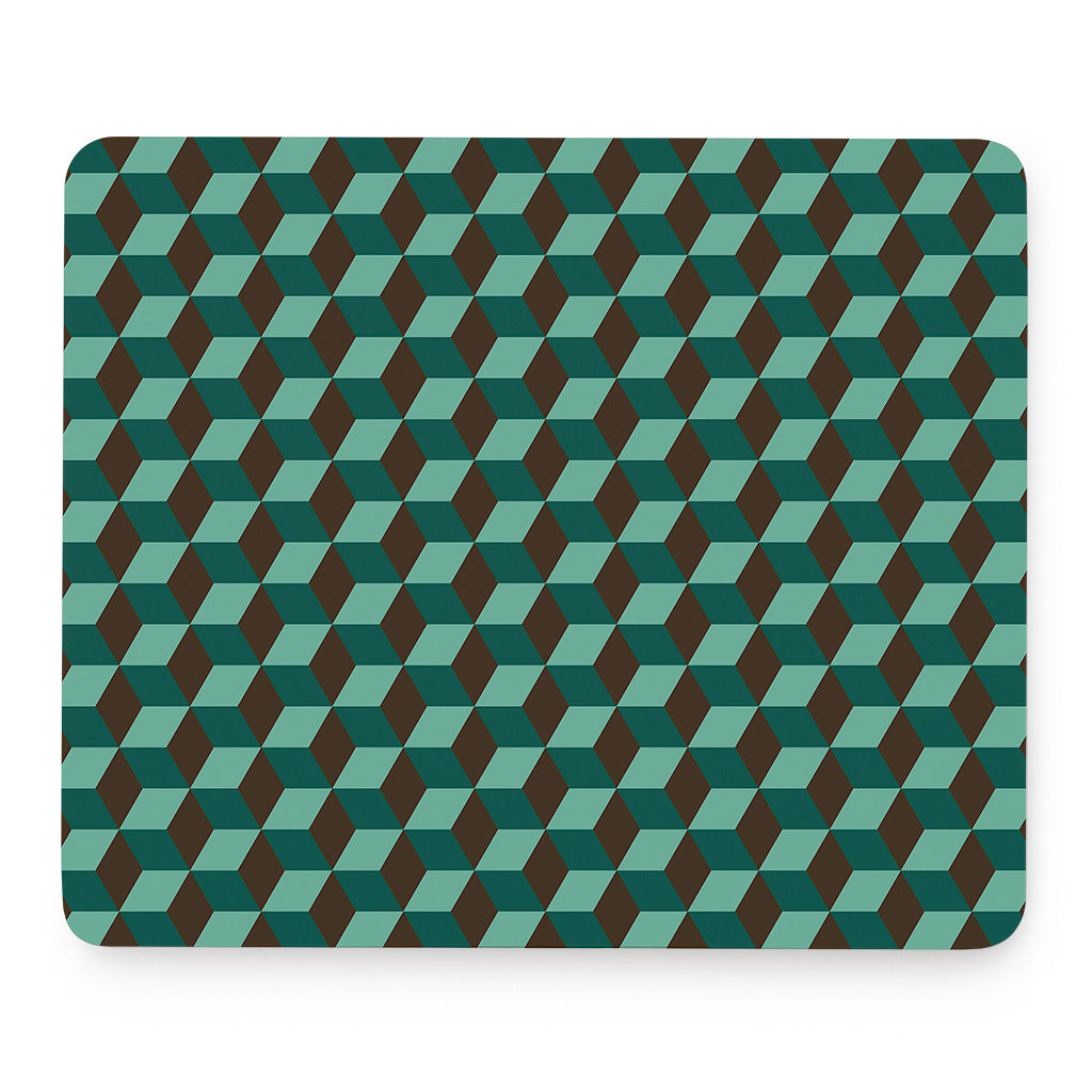 Dark Green Geometric Cube Pattern Print Mouse Pad