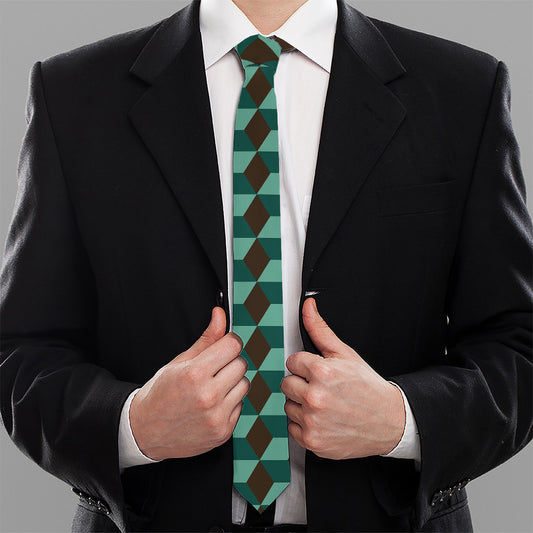 Dark Green Geometric Cube Pattern Print Necktie
