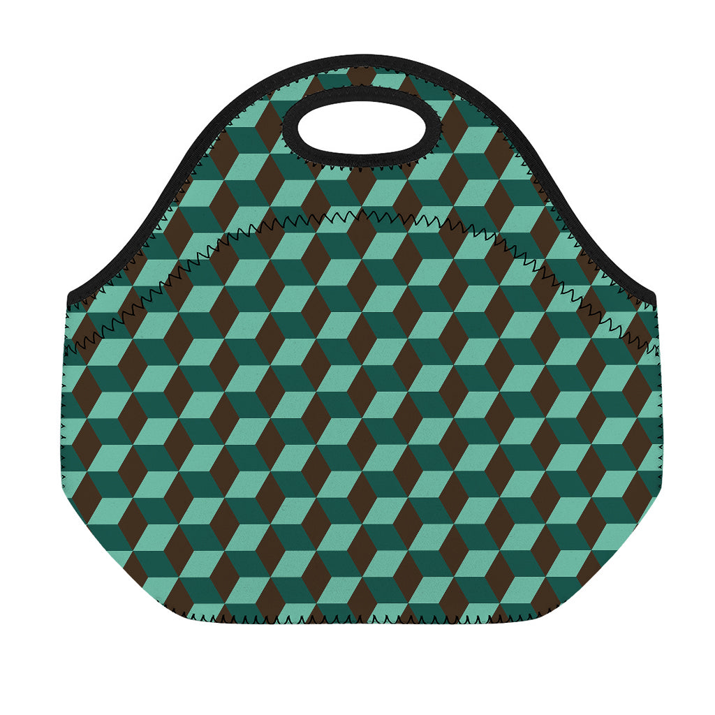 Dark Green Geometric Cube Pattern Print Neoprene Lunch Bag