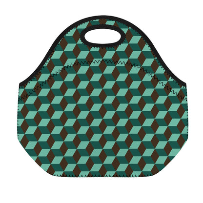 Dark Green Geometric Cube Pattern Print Neoprene Lunch Bag