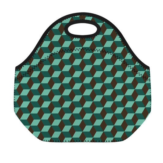 Dark Green Geometric Cube Pattern Print Neoprene Lunch Bag