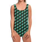 Dark Green Geometric Cube Pattern Print One Piece Swimsuit