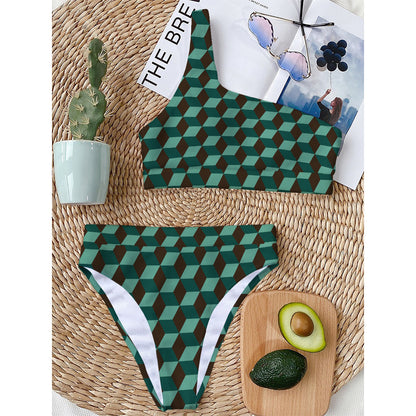 Dark Green Geometric Cube Pattern Print One Shoulder Bikini Top