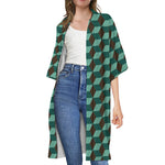 Dark Green Geometric Cube Pattern Print Open Front Beach Cover Up