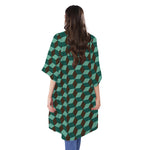 Dark Green Geometric Cube Pattern Print Open Front Beach Cover Up