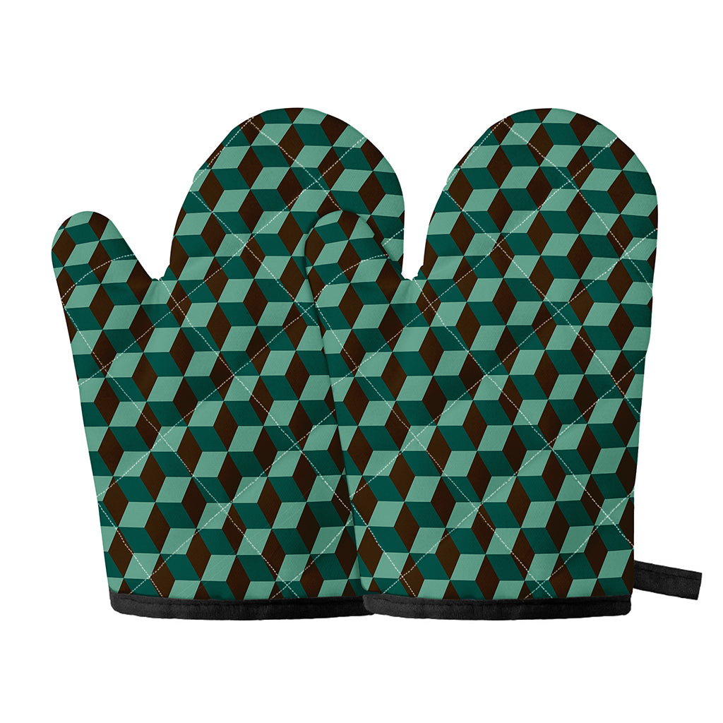 Dark Green Geometric Cube Pattern Print Oven Mitts