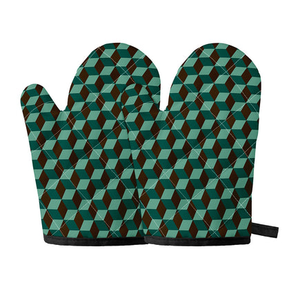 Dark Green Geometric Cube Pattern Print Oven Mitts