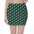 Dark Green Geometric Cube Pattern Print Pencil Mini Skirt