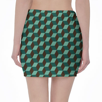 Dark Green Geometric Cube Pattern Print Pencil Mini Skirt
