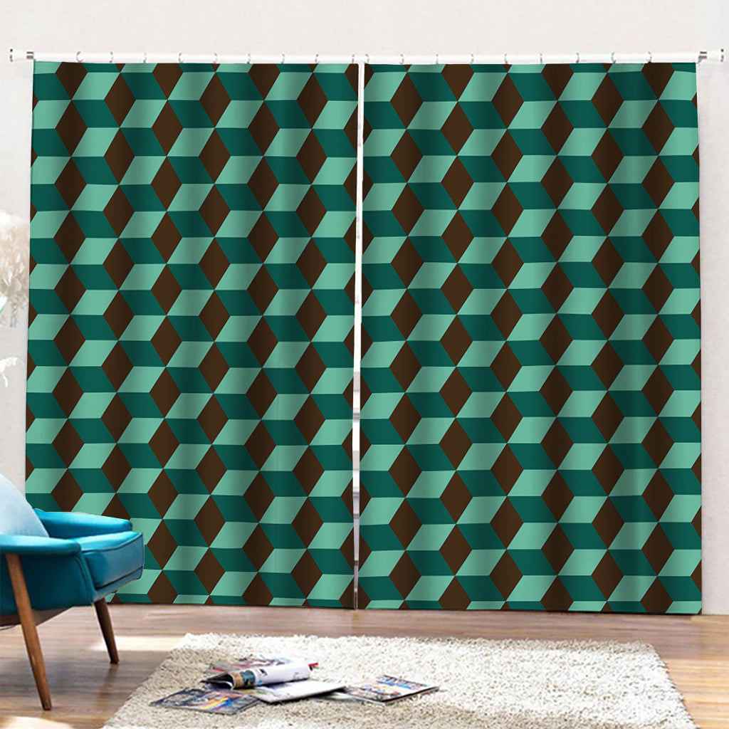 Dark Green Geometric Cube Pattern Print Pencil Pleat Curtains